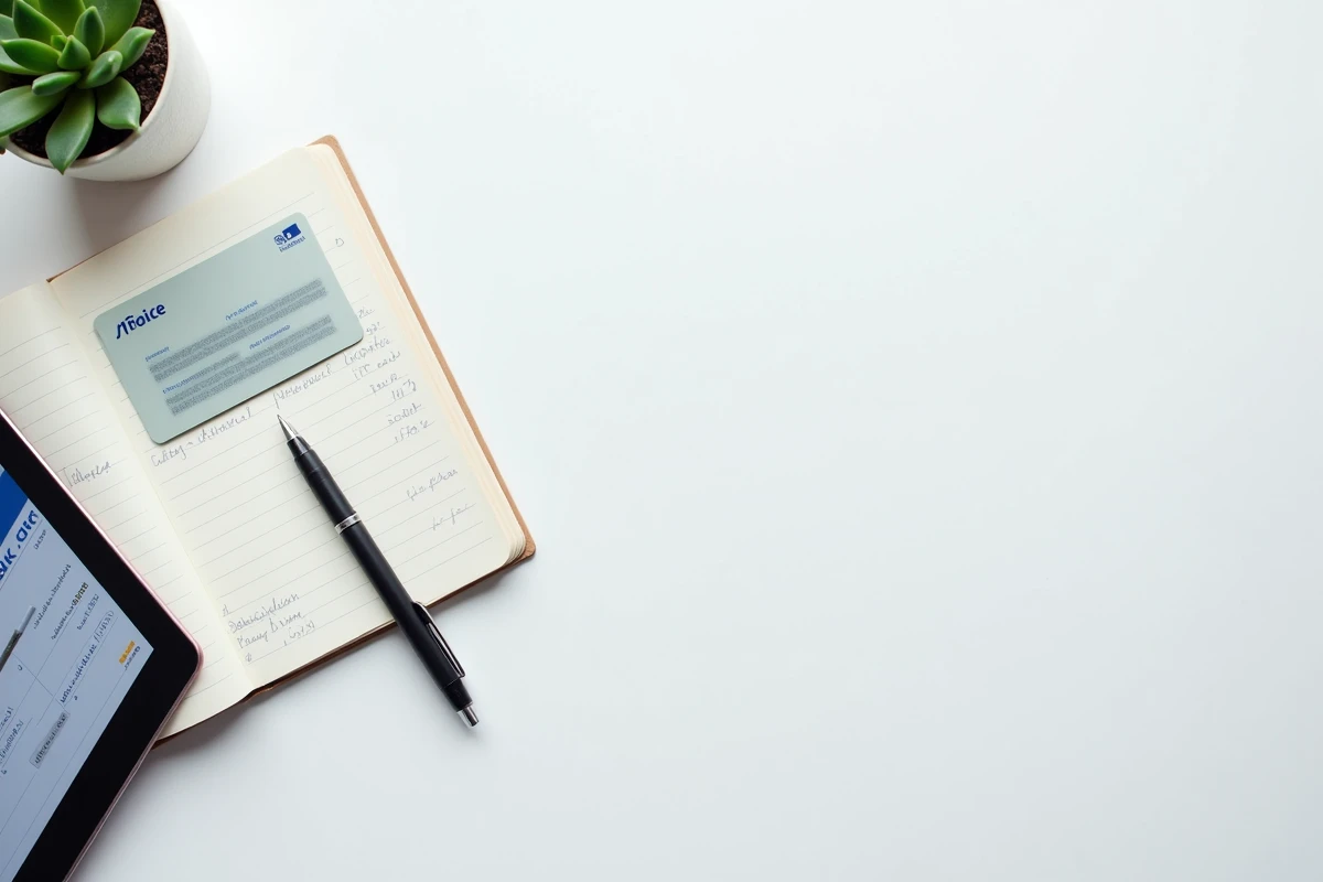 Vue aérienne d'une tablette affichant une facture Carrefour en ligne avec carte de fidélité et notes manuscrites