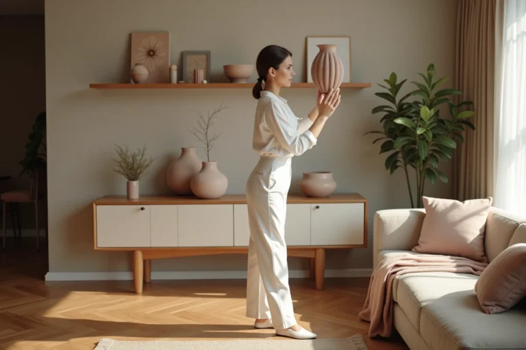 Femme élégante arrangeant un vase dans un salon lumineux