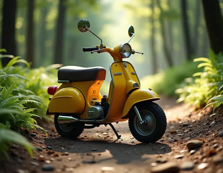 Yamaha Chappy 125 jaune garé sur un sentier forestier entouré de fougères, vue trois quarts avant en pleine nature