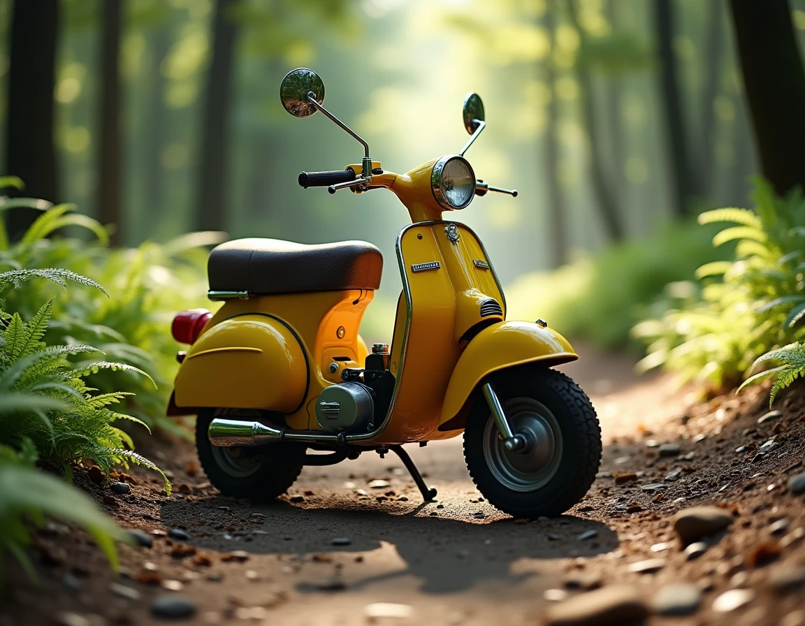 Yamaha Chappy 125 jaune garé sur un sentier forestier entouré de fougères, vue trois quarts avant en pleine nature